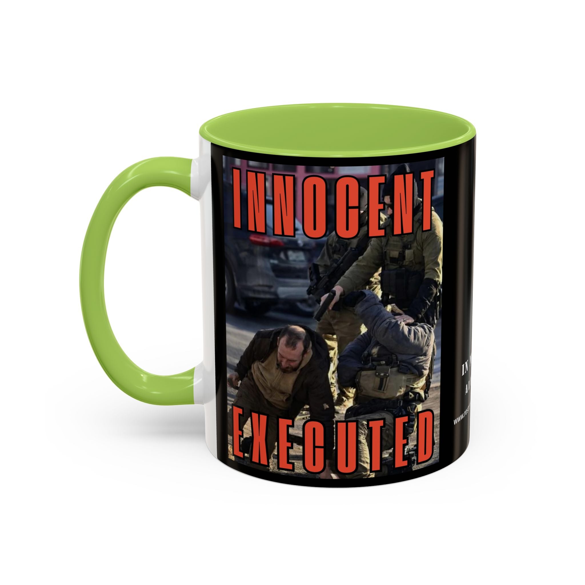 Innocent Executed- Restore Our Democracy Accent Coffee Mug — In Memory of Alex Piltti (11/15oz)