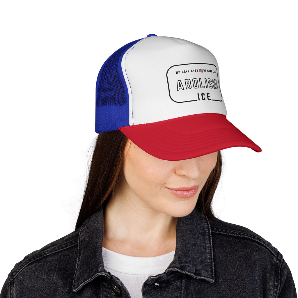 Abolish ICE Trucker Hat — Political Statement Red White Blue Mesh Cap